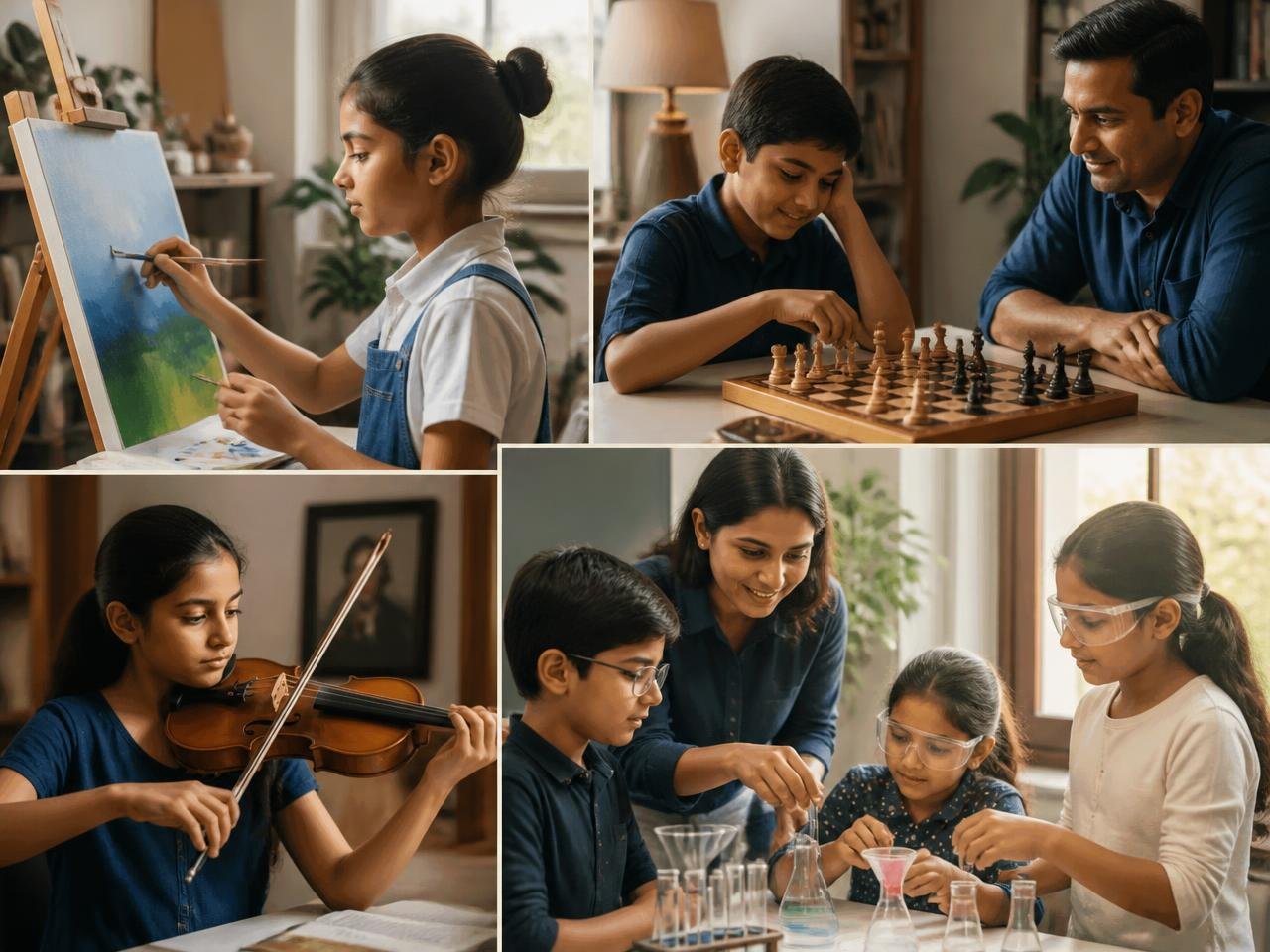 Indian children painting, playing chess, practising violin and doing a science experiment